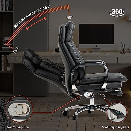Kinnls Vane Massage Office Chair with Footrest - Executive Genuine Leather Desk Task Chair - 500lbs (Black)