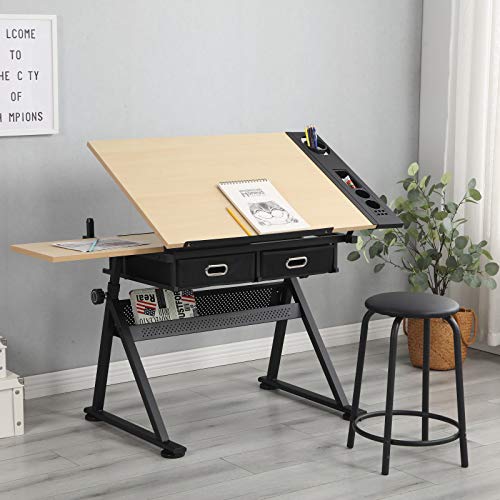 Xinyu Adjustable Wood Drafting Desk with 2 Drawers for Home Office and School(Wood)