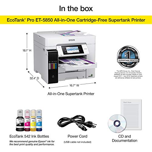 Epson EcoTank Pro ET-5850 Wireless Color All-in-One Supertank Printer with Scanner, Copier, Fax and Ethernet
