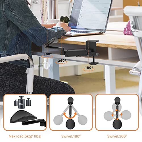 JOY worker Clamp-on Adjustable Armrest for Desk, Ergonomic 360°Rotating Elbow Cushion Pad with 5-Level Height, Above Desk Extension Platform Arm Support for Left/Right Hand