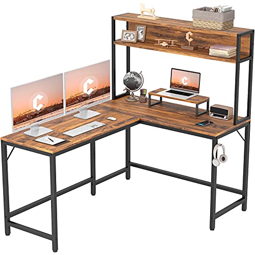 CubiCubi L-Shaped Desk with Hutch,59" Corner Computer Desk,Home Office Gaming Table Workstation with Storage Bookshelf,Dark Rustic