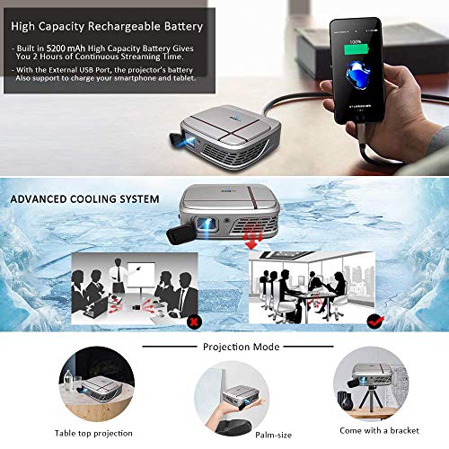 Mini DLP Projector,Wireless WiFi Rechargeable Projector Large Display Support 3D/1080p/Screen Mirroring/HDMI/USB for Home Theater Indoor Outside Movie Video Game Fire TV Stick Laptop Tablet Computer