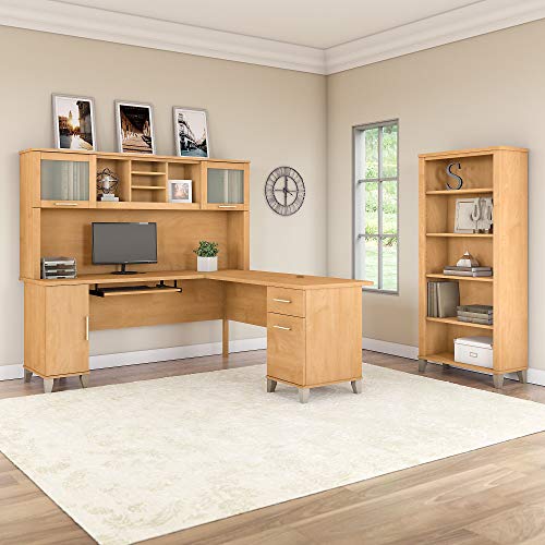 Bush Furniture Somerset L Shaped Desk with Hutch and 5 Shelf Bookcase, 72W, Maple Cross