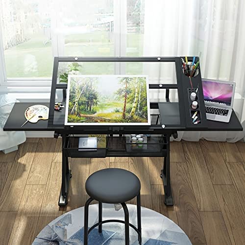 VejiA Adjustable Tempered Glass Drafting Table with Chair and Storage - Artwork Drawing Desk