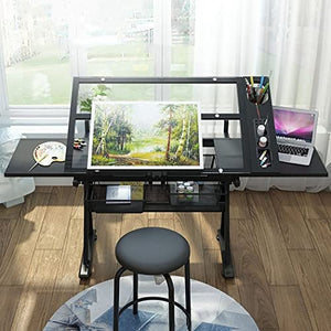 EESHHA Adjustable Drafting Table with Tempered Glass Top, Height Adjustable, Tilting Desk with Storage Drawers and Chair