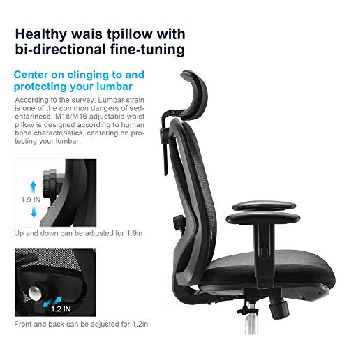 SIHOO Office Chair Ergonomic Office Chair, Breathable Mesh Design High Back Desk Chair with Adjustable Headrest and Lumbar Support (Black)