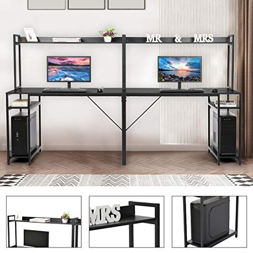 2 Person Desk, Double Computer Storage Shelves, Extra Long 2 People Pc Workstation Home Office Computer Desk with Monitor Hutch, Writing Study Gaming Table, Easy Assembly (Black)