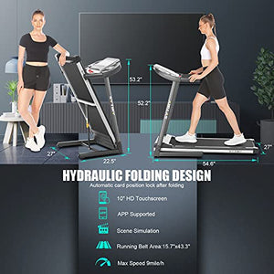 SYTIRY 10"HD Touchscreen Display Folding Treadmill Smart Running Machine with Speakers, Pulse Monitor, Multimedia, WIFI and 36 Preset Programs Easy to Install Cardio Machines for Home & Office Workout