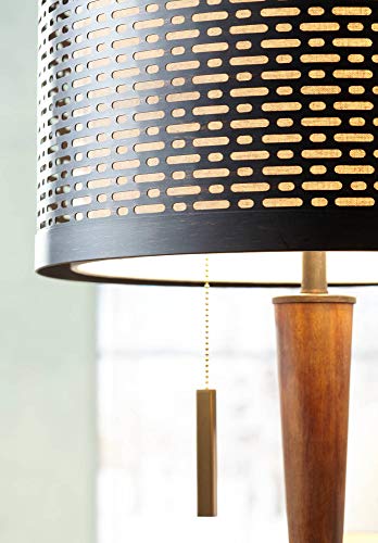 Franklin Iron Works Modern Farmhouse Floor Lamp 64" Tall Bronze Cherry Wood Double Drum Shade