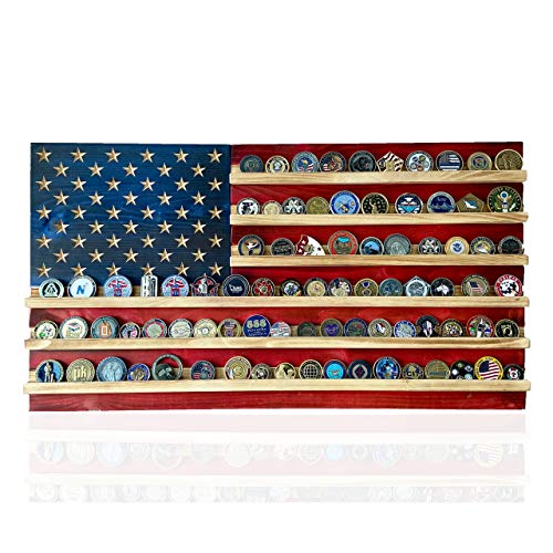 Flags of Valor Challenge Coin Holder Wooden American Flag Wall Decor -Medium - 36" x 19.5” - Made in the USA - Holds 100 Coins. Government Military Challenge Coin Holder Display Made by True Veterans