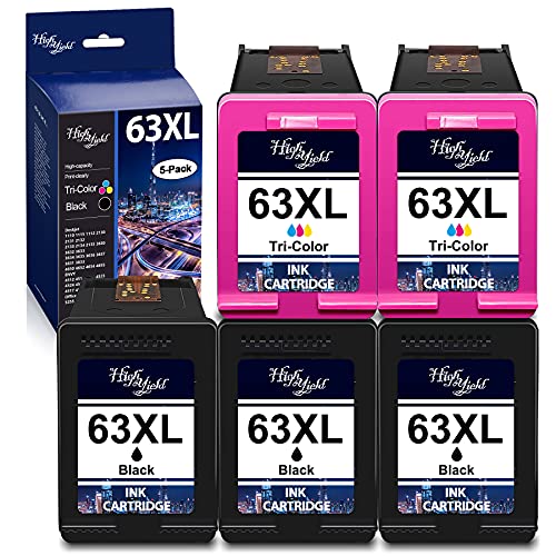 5 Pack Compatible 63XL 63 XL Ink Cartridge (3 Black & 2 Tri-Color) Remanufactured Replacement for HP Deskjet 3637 3831 3833 4650 4652 4654 4655 Envy 4512 4523 4524 4516 4517 4522 4525 Mobile Printer