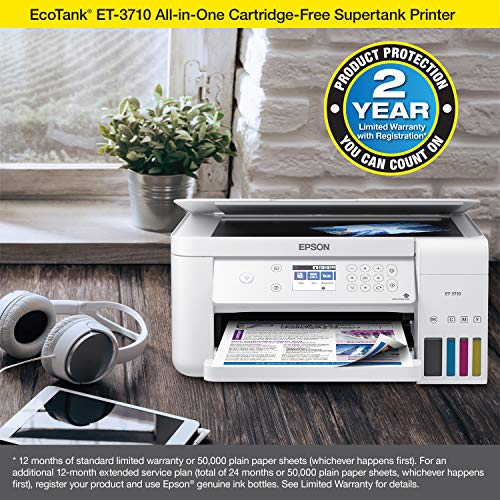 Epson EcoTank ET-3710 Wireless Color Inkjet All-in-One Supertank Printer, White