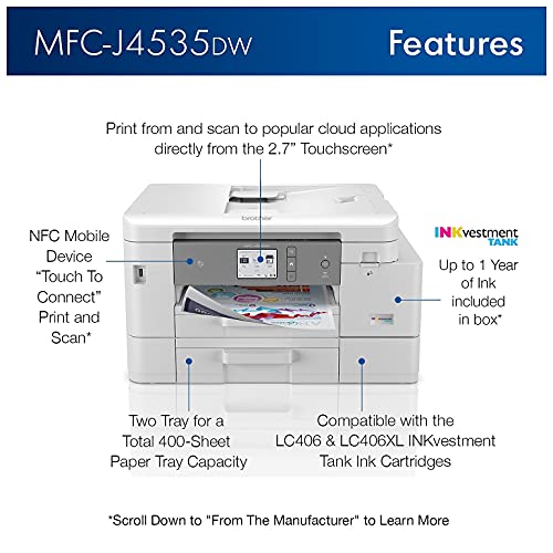 Brother MFC-J4535D INKvestment Tank Wireless Color Inkjet All-in-One Printer - Print Copy Scan Fax - 20 ppm, 4800 x 1200 dpi, 8.5" x 14" Legal, Auto Duplex Printing, 20-sheet ADF, BROAGE Printer Cable