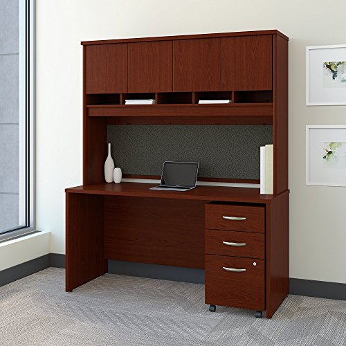 Bush Business Furniture Series C 60W x 24D Office Desk with Hutch and Mobile File Cabinet in Mahogany
