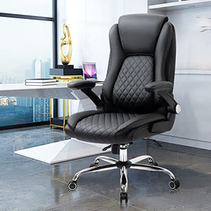 YAMASORO Executive Office Chair with Flip-up Armrests - Adjustable Headrest, Tilt, and Lumbar Support - Black Bonded Leather