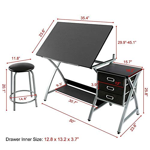 Selva Drafting Drawing Table Station Desk Board Storage Drawers Art Design Architect with Stool | Durable Sturdy Heavy Duty Ergonomic Height Adjustable | For Home Office Artist School University Paint
