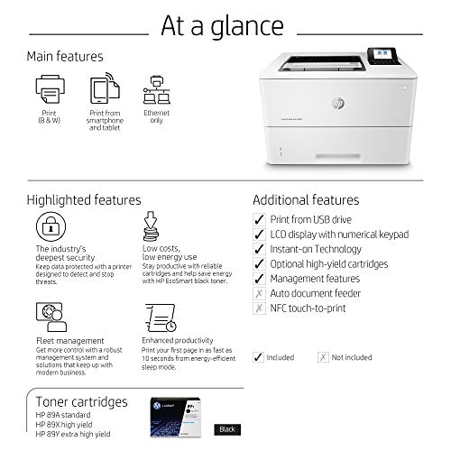 HP Laserjet Enterprise M507 n Single-Function Wired Monochrome Laser Printer, White - Print Only - 2.7" LCD, 45 ppm, 1200 x 1200 dpi, 1.5GB Memory, USB 2.0 and Ethernet Connectivity