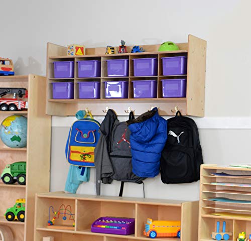 Contender 10 Section Cube Wall Mounted Shelf with Plastic Storage Containers for Organizing Toys, Games, School Art and Craft Supplies in Natural Finish
