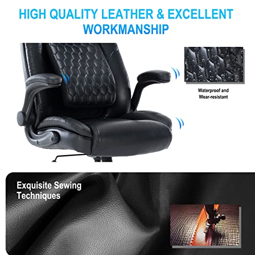 HESL Executive Office Chair with Adjustable Back Support, Ergonomic Design, Flip up Arms, Wheels, Faux Leather High Back - Black