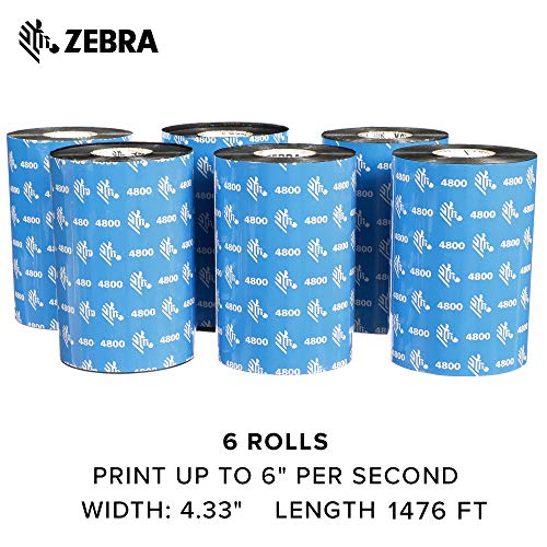 Zebra Premium Black Resin Ribbon for Industrial Thermal Transfer Printers 4.33 in Wide 1476 ft Long 1 in Core 6 Rolls 10031731SP