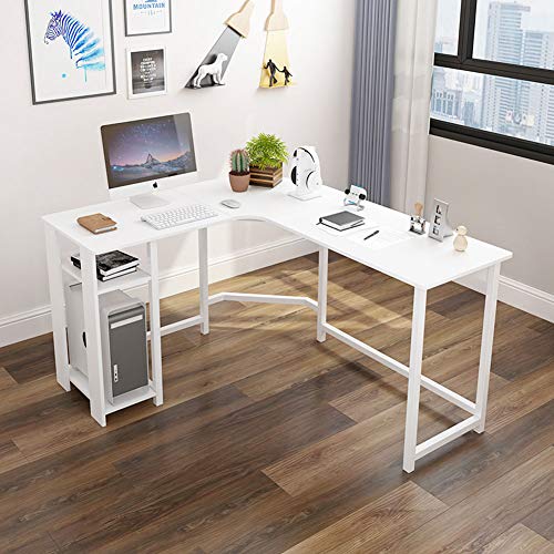 White Corner Desk, Computer Office Desk, L-Shaped White Corner Desk Computer Workstation, Reversible Desktop, Anti Slip Study Desk Computer Office Table Home Office White Frame