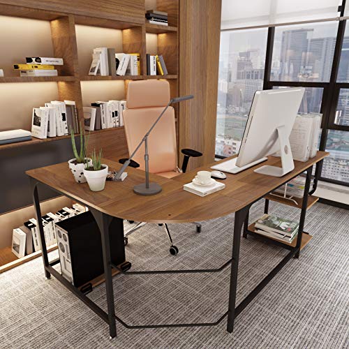 Teraves Reversible L Shaped Desk with Shelves Round Corner Computer Desk Gaming Table Workstation for Home Office