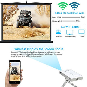 PTVDISPLAY Pocket Portable Mini Projector, 1080P Pico Bluetooth Video WiFi DLP Projector Full HD Support Android HDMI USB TF Card Wireless Home Projector