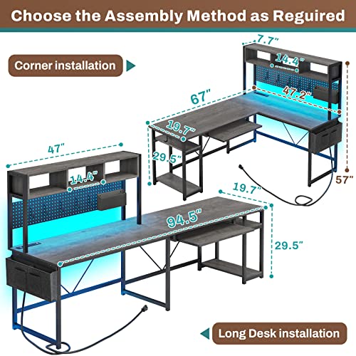 SEDETA L Shaped Desk with Power Outlet, Pegboard, LED Light - Grey