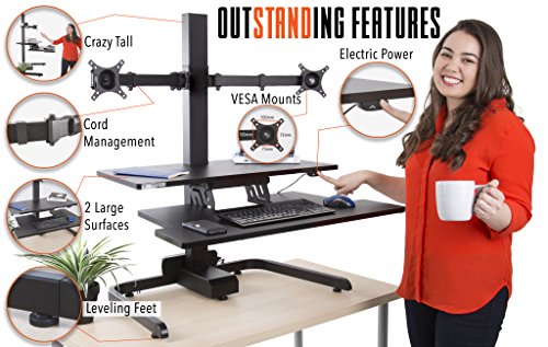 Stand Steady Techtonic Electric 2 Arm Monitor Mount Standing Desk | Large Spacious Stand Up Desk | Easy Sit to Stand with The Push of a Button - Quiet! | 3 Levels to Maximize Your Space!
