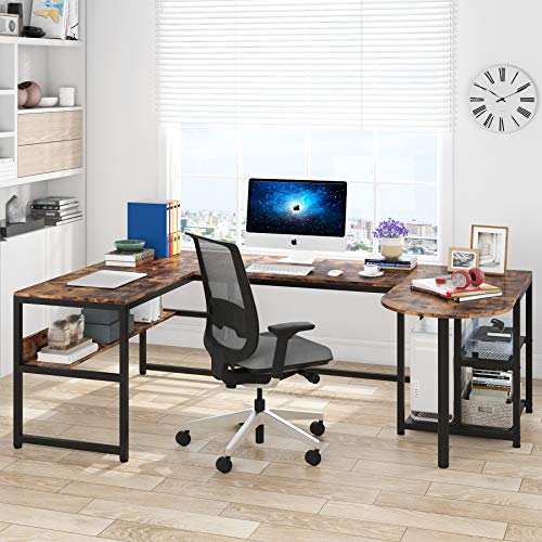 TIYASE U Shaped Desk with Storage Shelves, Large L-Shaped Desk Corner Computer Office Desk with Printer Stand and Bookshelf, Rustic Executive Office Desk Workstation, 78.7 x 47.2 inches