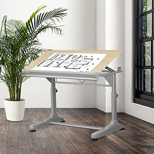 S Stand Up Desk Store Adjustable Height and Angle Drafting Table Drawing Desk (Silver Frame/Birch Top, 40" W X 26" D)