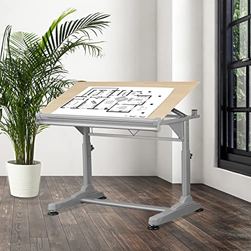 S Stand Up Desk Store Adjustable Height and Angle Drafting Table Drawing Desk (Silver Frame/Birch Top, 40" W X 26" D)
