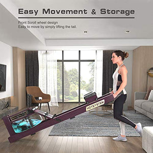Hotsystem Water Rowing Machine for Home Use, Water Adjustable Resistance Wood Rower with LED Moniter for Whole Body Exercise Indoor Cardio Training