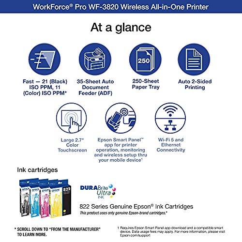 Epson Workforce Pro WF-3820 All-in-One Wireless Color Inkjet Printer, Black - Print Scan Copy Fax - 21 ppm, 4800 x 2400 dpi, 8.5 x 14, Auto 2-Sided Printing, 35-Sheet ADF, Ethernet