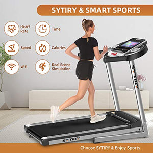 SYTIRY Treadmill with Large 10" Touchscreen and WiFi Connection, YouTube, Facebook and More, 3.25hp Folding Treadmill, Cardio Fitness Exercise Machine for Walking/Jogging/Running