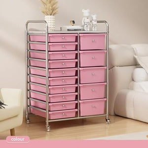 SXHEYUY Rolling Storage Cart, 15 Drawer Big Capacity Organizer Cart with Wheels, Pink, 15 Tier