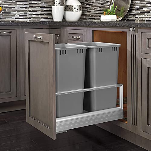 Rev-A-Shelf 5149 15.75 Inch Double 50 Quart Kitchen Cabinet Pull Out Waste Container Storage with 2 Trash Cans and Wire Basket, Silver
