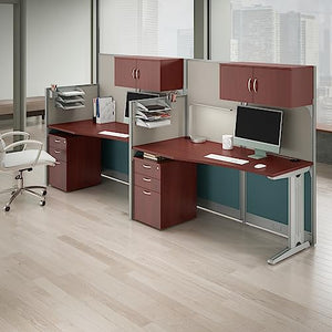 Bush Business Furniture Office in an Hour Double Workstation Set with Storage and Privacy Panels | 2 Person Commercial Desk, Hansen Cherry