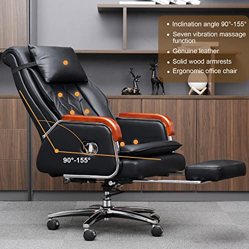 Kinnls Cameron Office Massage Chair with Footrest (Black Cowhide Leather)