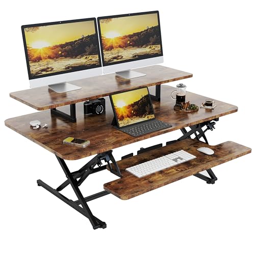 Lubvlook 42 inch Standing Desk Converter with Keyboard Tray, Rustic Brown