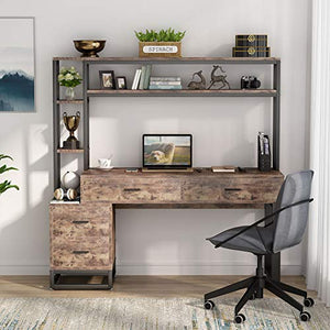 Tribesigns 55 Inch Computer Office Desk with 4 Drawers and Storage Shelf, Industrial Study Writing Table Workstation with Hutch and Bookshelf for Home Office (Brown)