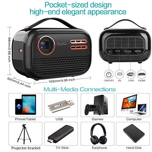 YAKAR portable Wi Fi projector. Wireless screen projector supporting 1080p and 150 ANSI lumens. Built-in Bluetooth, speaker, battery. Compatible: TV Stick，iPhone, Android, HDMI, USB and tablet (black)