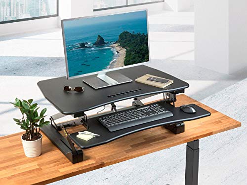Monoprice Electric Height Adjustable Sit Stand Riser Table Top/Desk Converter - Black | 23.2 x 35.4 Inch Area, Single Monitor - Workstream Collection