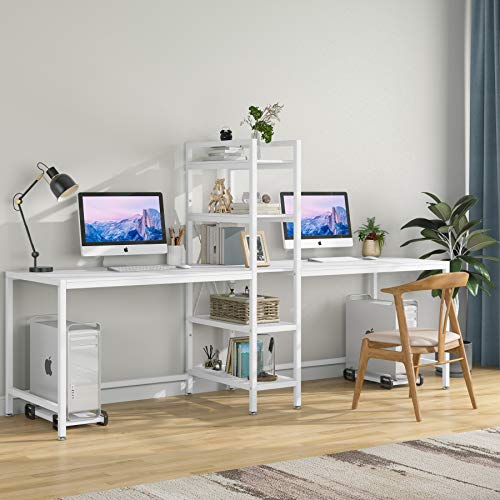 Tribesigns Two Person Computer Desk with Bookshelf, 89 Inches Office Double Desk with 2 CPU Stands, Rustic Writing Desk Workstation Table with Shelves for Home Office for Two Person (White)