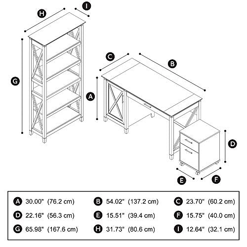 Bush Furniture Key West 54W Computer Desk with Storage, 2 Drawer Mobile File Cabinet and 5 Shelf Bookcase in Washed Gray