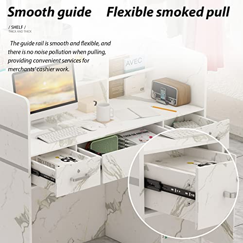 AGOTENI Reception Desk with Open Shelf & Drawers, Lockable Drawer, Marble White
