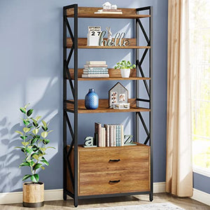 Tribesigns Industrial Bookshelf with Drawers, 70.8" - 5 Shelf Open Storage, Brown - 2pcs