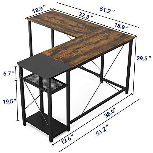 Foxemart L-Shaped Computer Desk, Industrial Corner Desk Writing Study Table with Storage Shelves, Space-Saving, Large Gaming Desk 2 Person Table for Home Office Workstation, Rustic Brown/Black