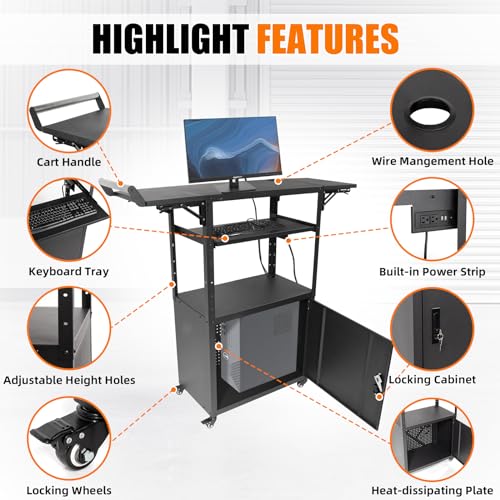 TooCust Large Steel AV Cart with Drop Leaves, Locking Cabinet, Height Adjustable, Pullout Keyboard Tray, Power Strip - Mobile Workstation for Office, Classroom & Warehouse