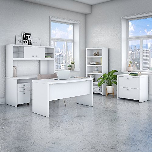 Office by kathy ireland Echo Bow Front Desk, Credenza with Hutch, Bookcase and File Cabinets in Pure White